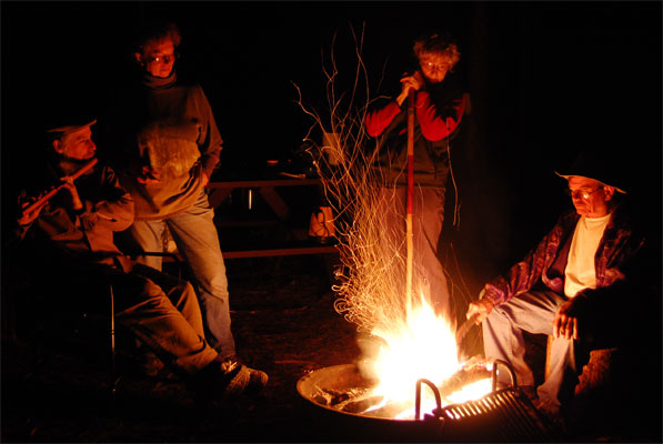 Four thwinkers at campfire